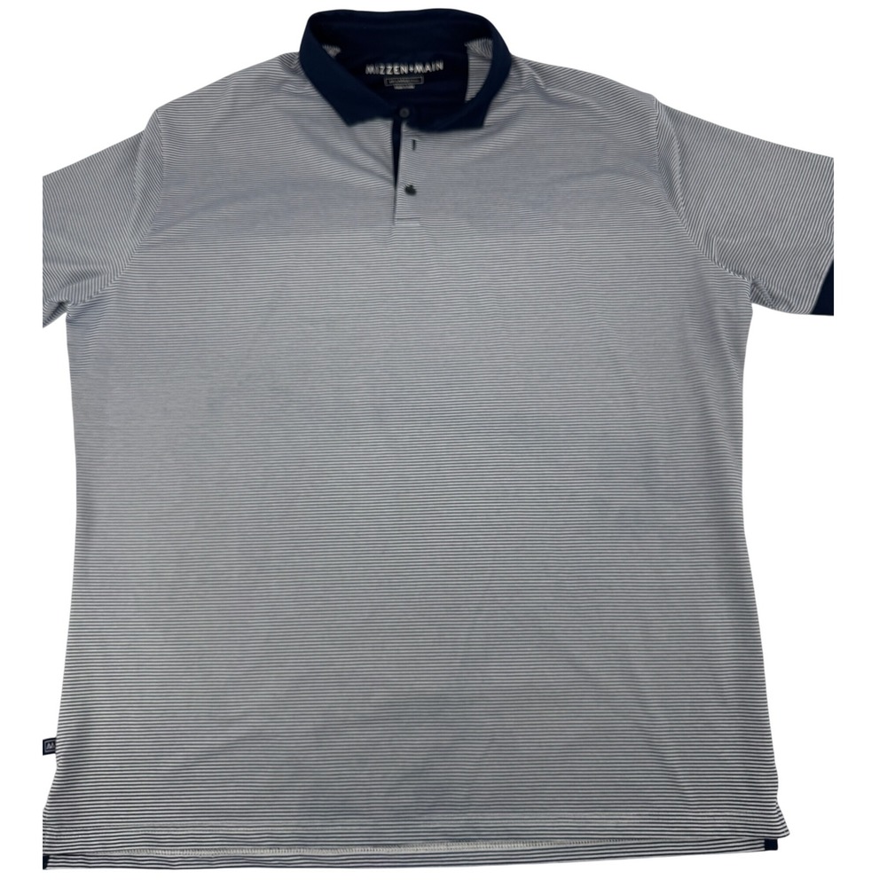 MIZZEN+MAIN Polo Shirt Mens 2XL Blue White Stripe Performance Golf Casual